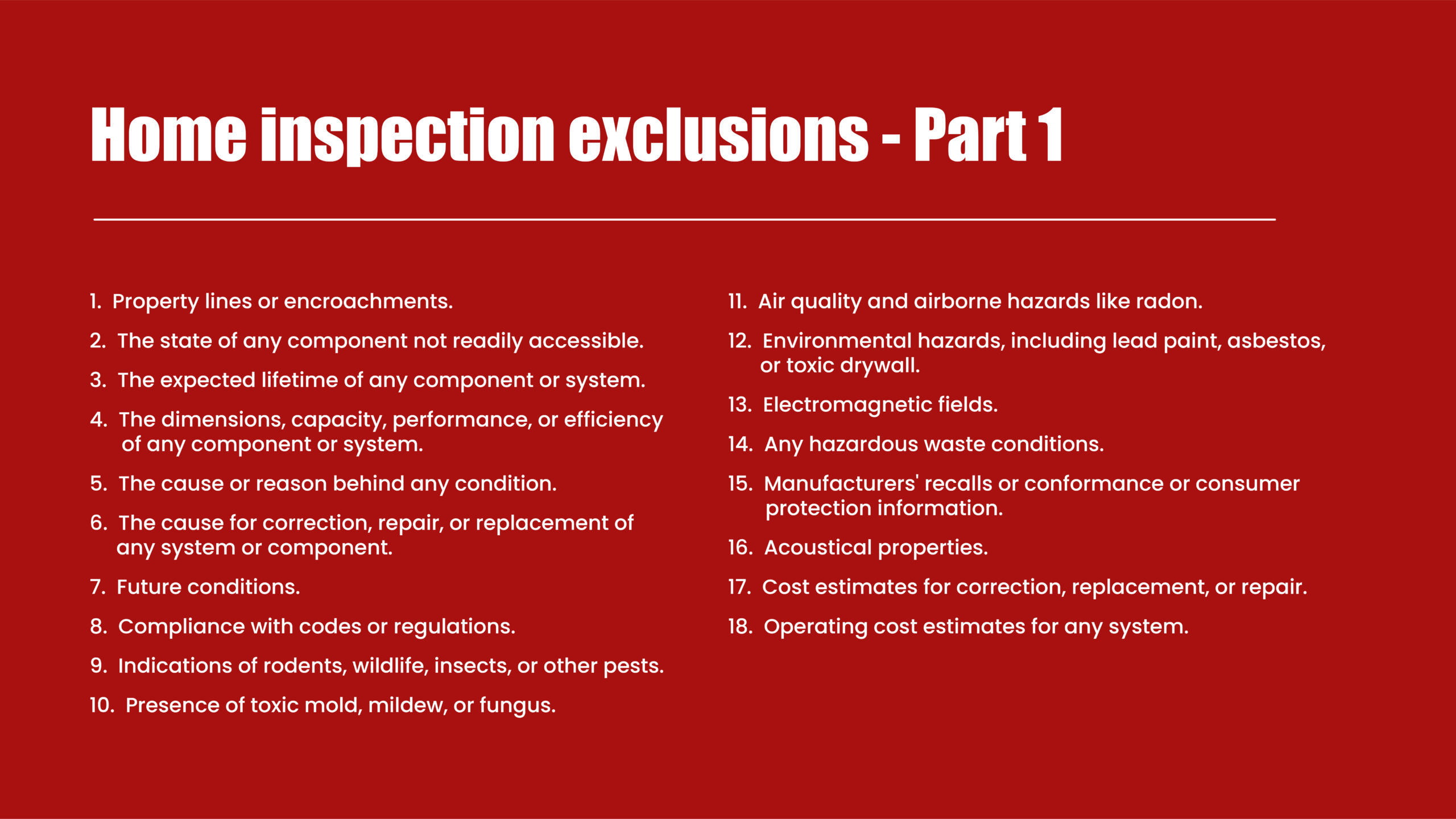 Bullet-wise representation of part 1 of the home inspection exclusions laid down by InterNACHI