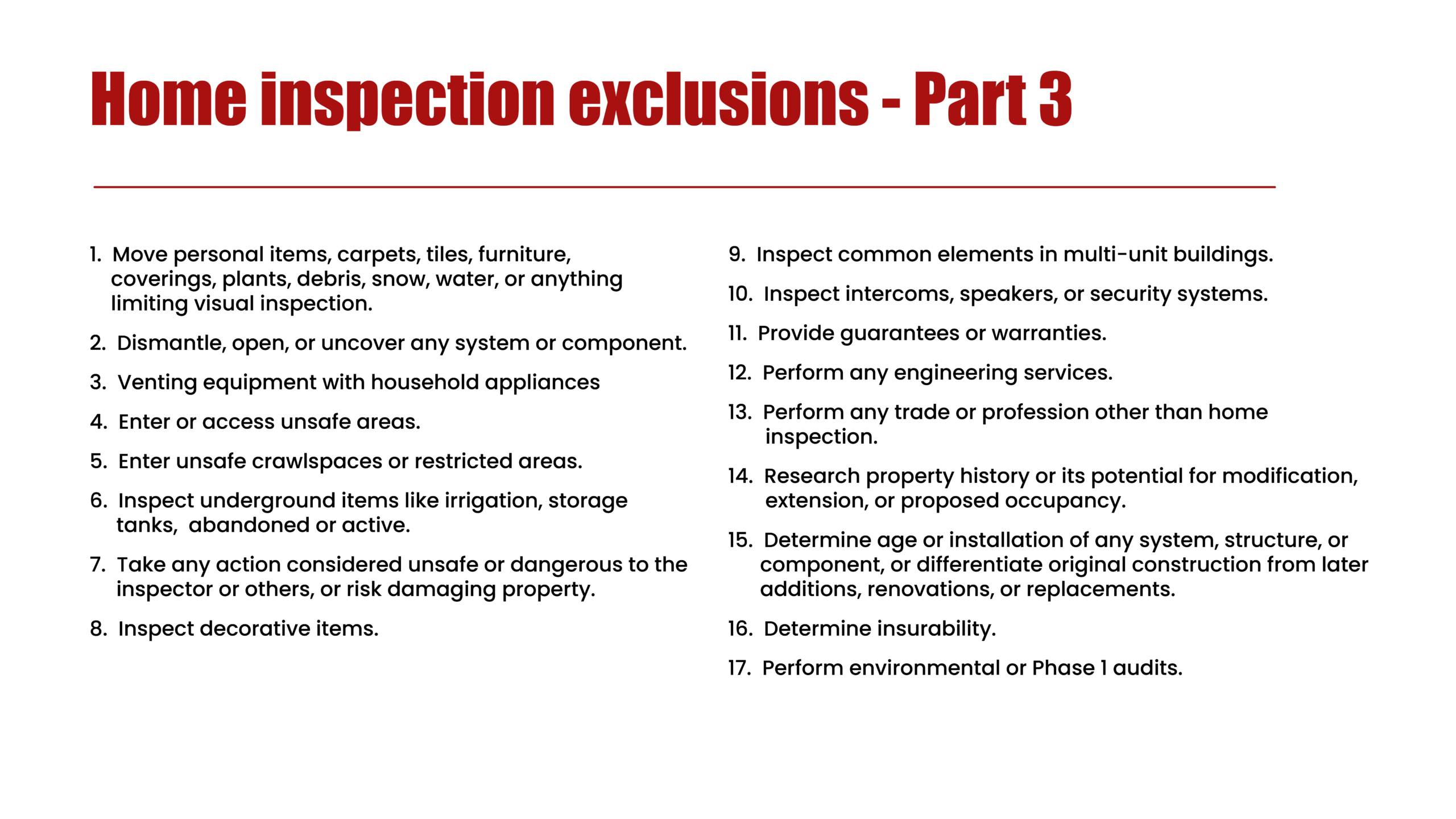 Bullet-wise representation of part 3 of the home inspection exclusions laid down by InterNACHI