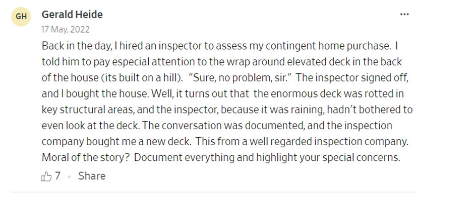 One of the comments on a Wall Street Journal blog showing that a person named Gerald Heide shares their bad or unfortunate experience with a home inspector, who was popular and was from a well-regarded inspection company.